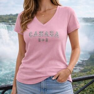 Canada short sleeve shirt for women size Large Pink & Silver Decoration letters